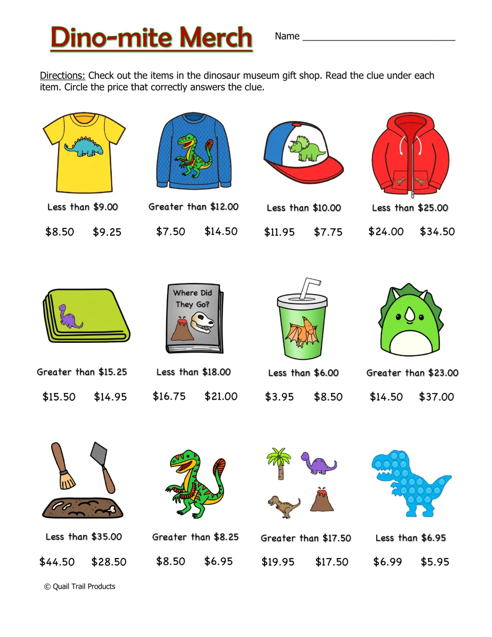 Dino-mite Merch money: students read greater-than or less-than clues and circle the matching gift shop price