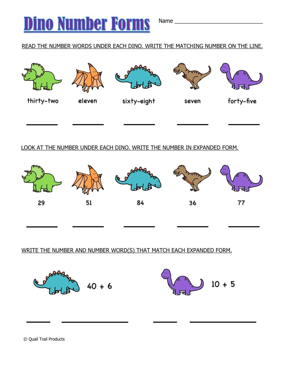 Dino Number Forms: students turn words like thirty-two into numerals, write expanded form, then convert back