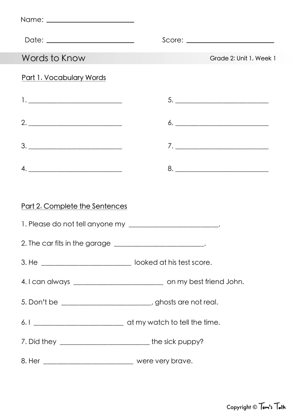 Words to Know quiz: students write the 8 vocabulary words, then fill in 8 sentences such as 'Did they ___ the sick puppy?'