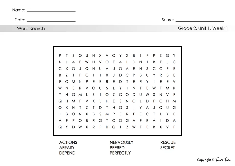 Unit 1, Week 1 word search: students find the 8 vocabulary words, such as nervously, peered and perfectly, in the puzzle