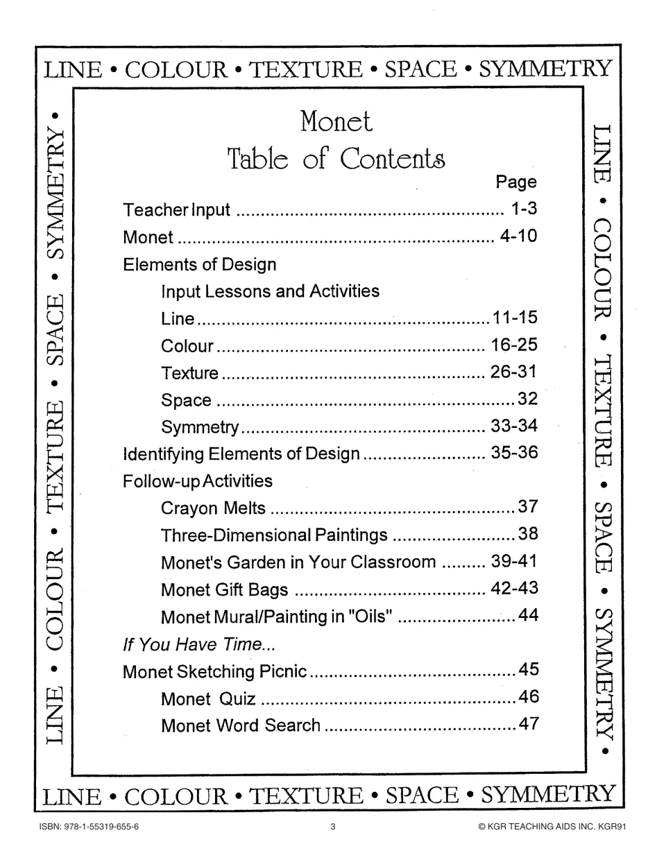 Monet unit contents list teacher input, design lessons, art projects, a sketching picnic, quiz, and word search