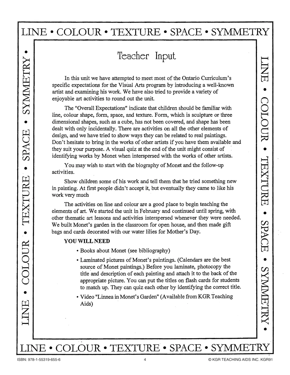 Teacher guidance for the Monet unit explains lesson sequencing, design elements, and suggested materials
