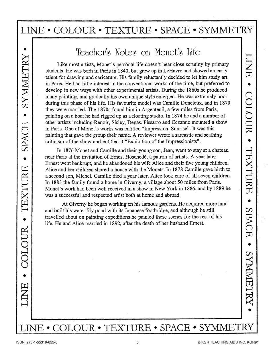 Teacher notes on Monet's life cover his early art, Impressionist exhibition, family, and gardens at Giverny