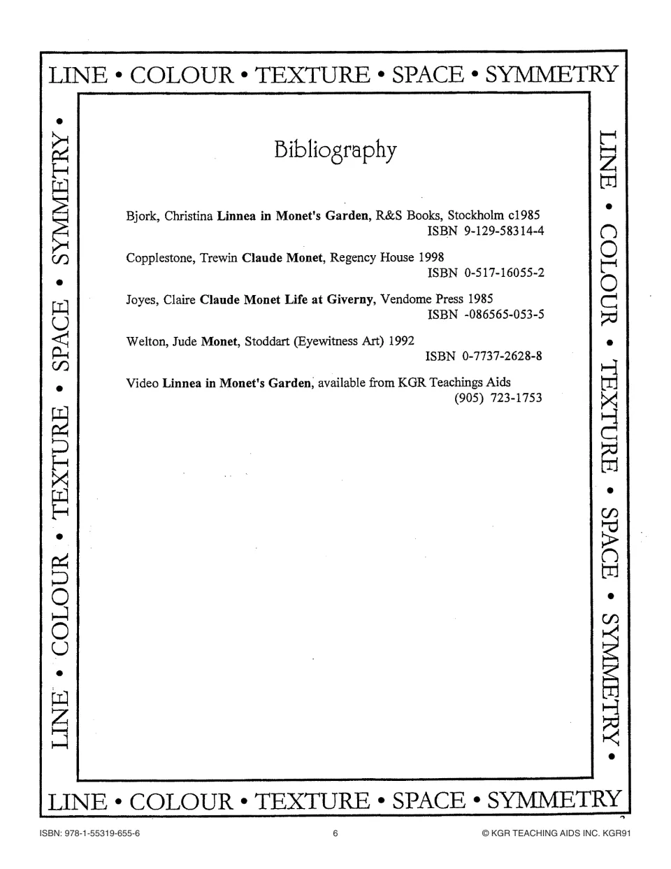 Monet unit bibliography lists four books about the artist and his garden, plus Linnea in Monet's Garden video