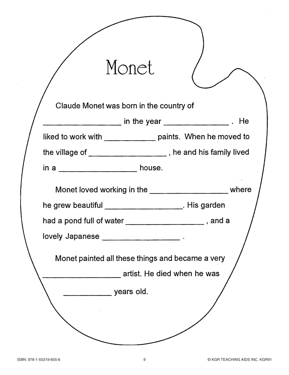 Monet biography review asks students to fill in facts about his birthplace, paints, home, garden, and age