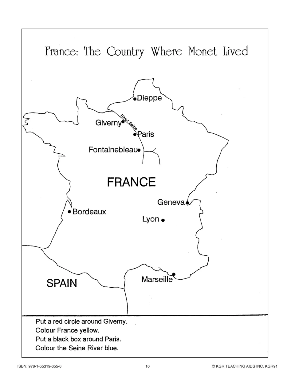 Monet unit map activity asks students to mark Giverny and Paris and color France and the Seine River