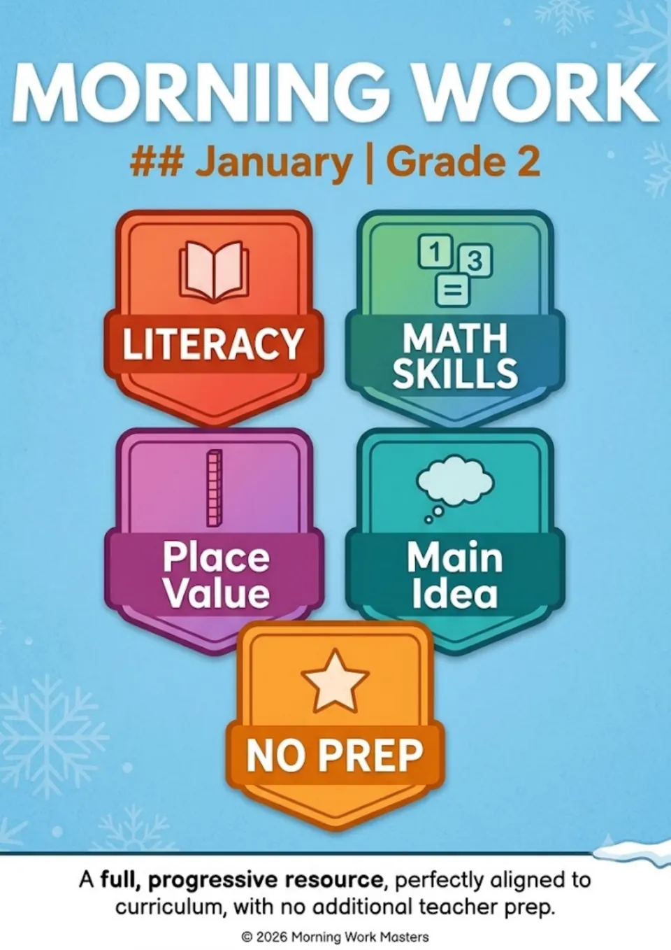 January Grade 2 morning work cover listing literacy, math skills, place value, main idea and no-prep practice badges