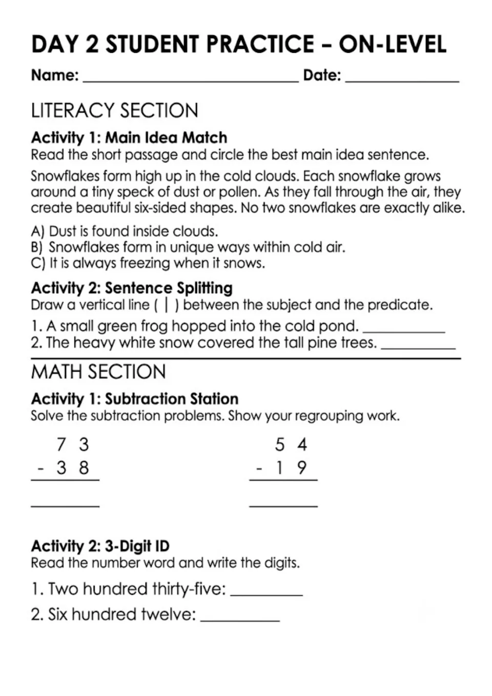 Day 2 on-level: students pick the main idea of a snowflake passage, split subject and predicate, subtract and write numbers