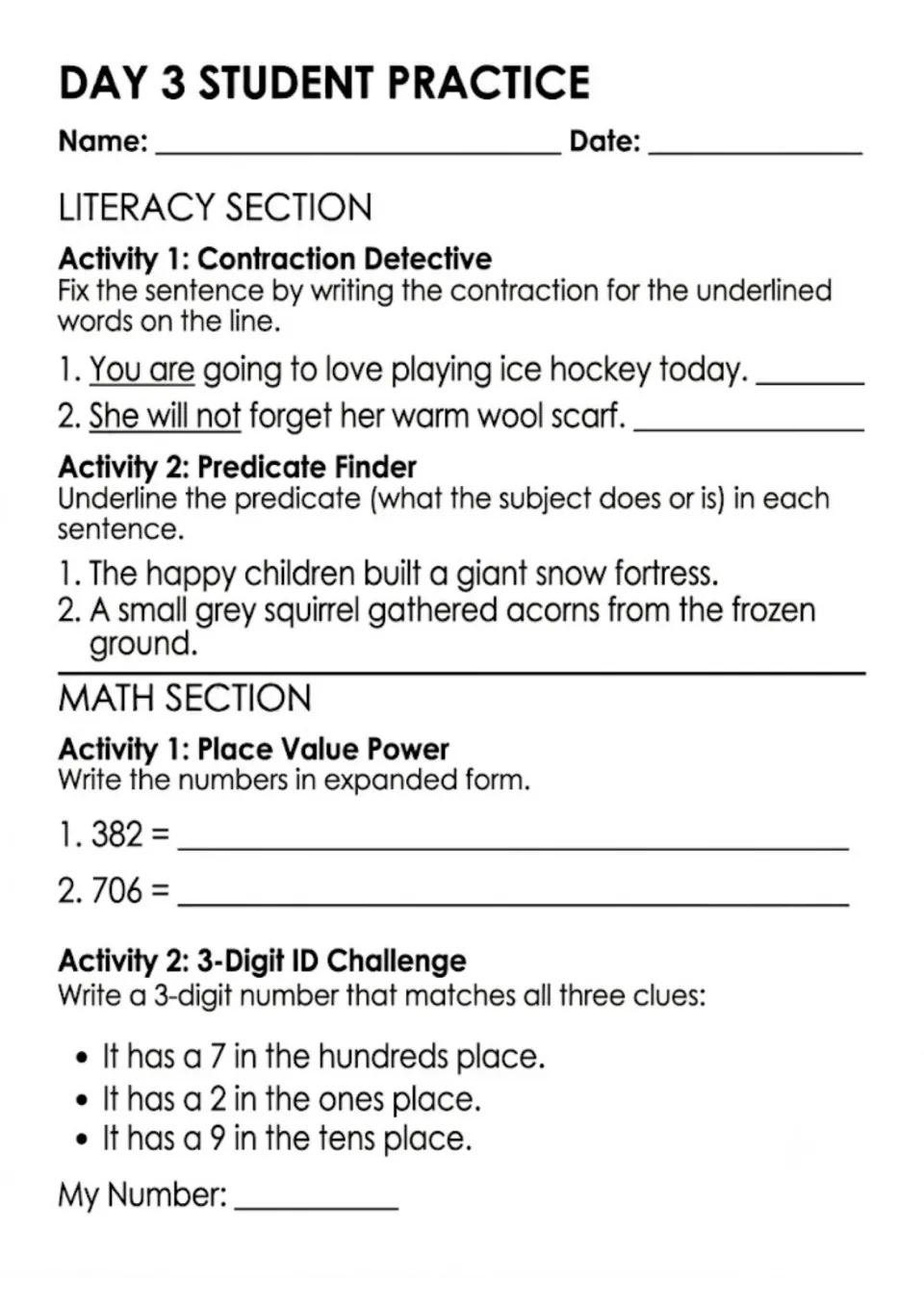Day 3 practice: students write contractions, underline predicates, write 382 and 706 in expanded form and solve clues