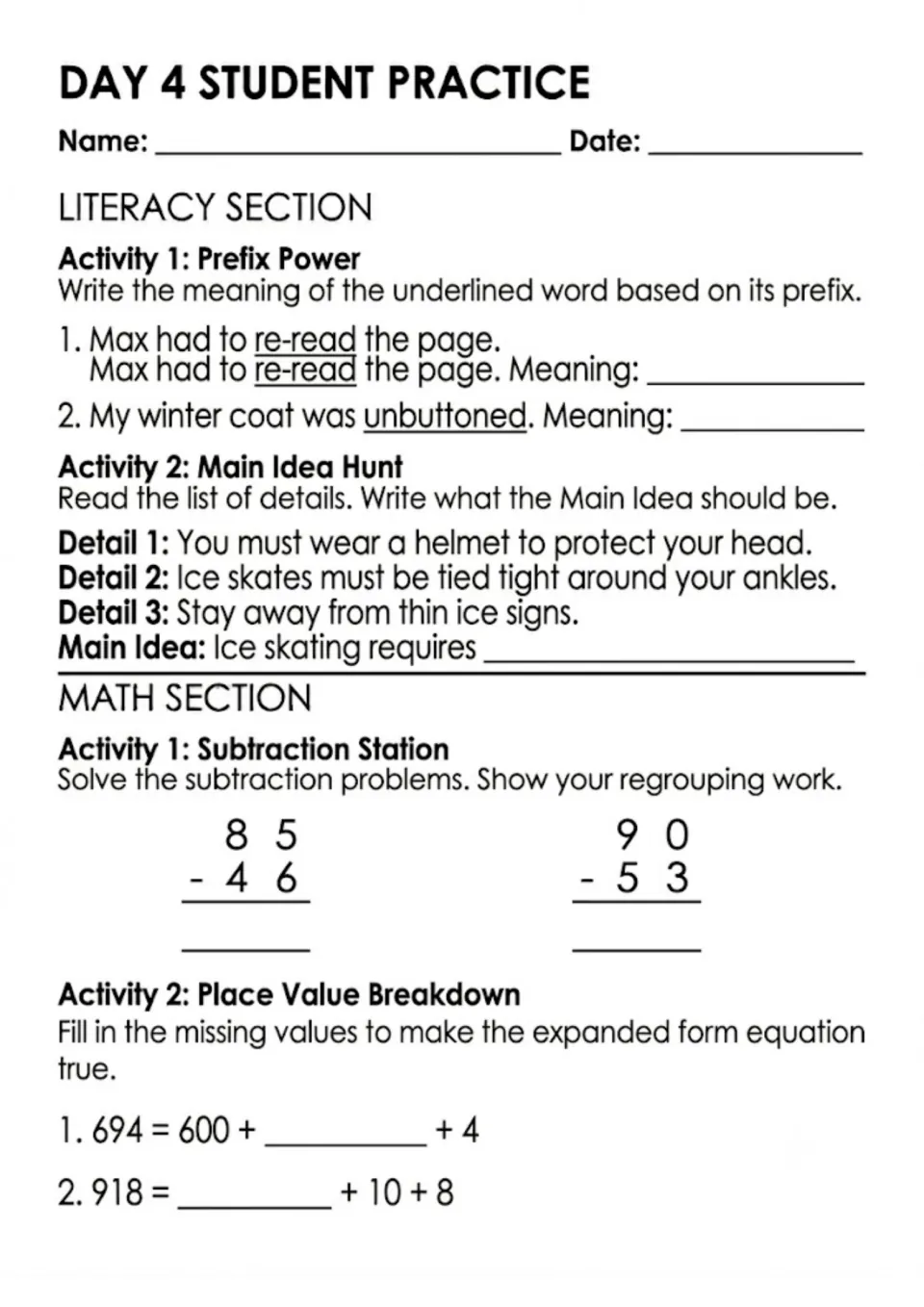 Day 4 practice: students explain prefixed words, state main idea of ice-skating details, subtract and fill expanded form