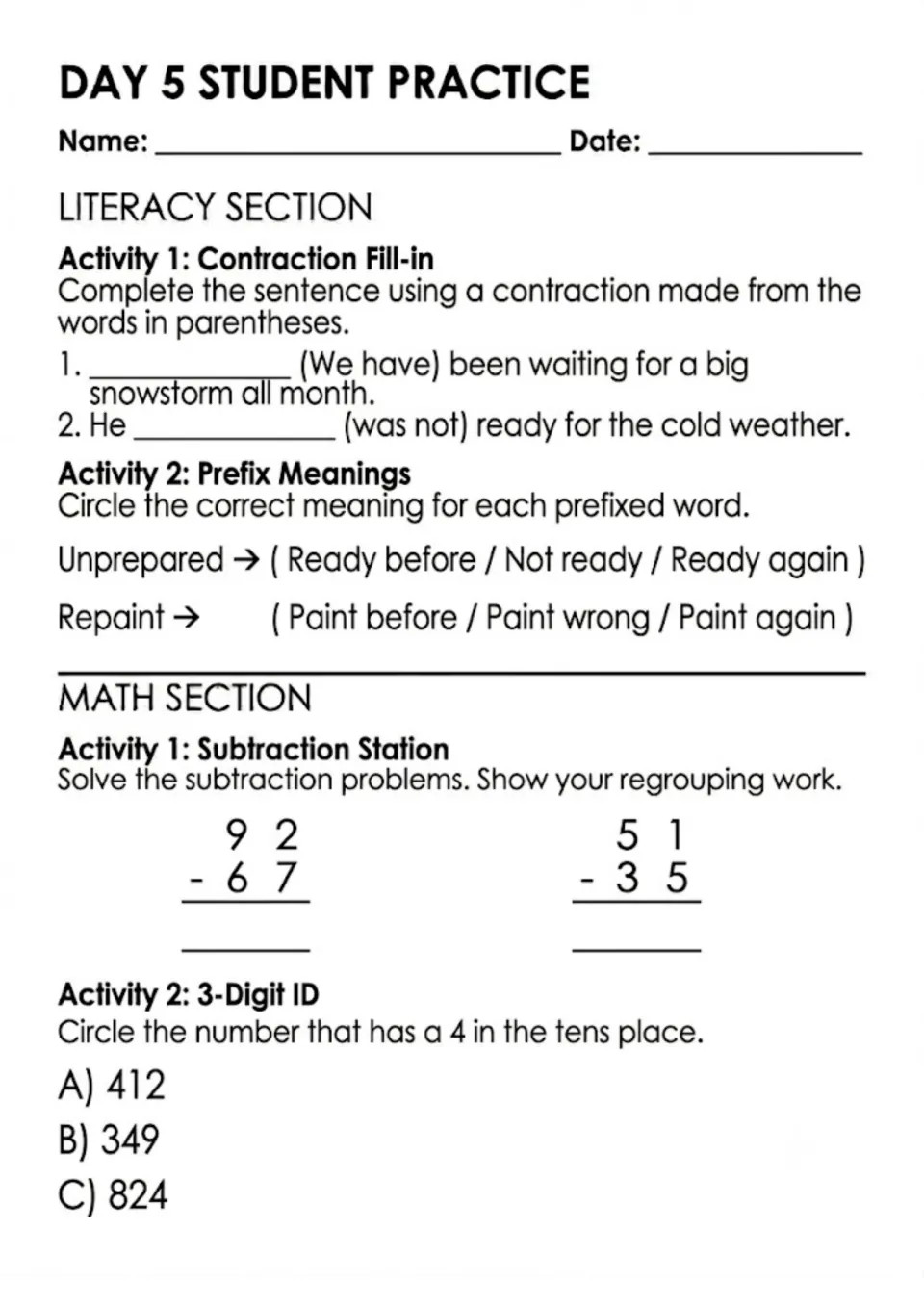 Day 5 practice: students form contractions, circle prefix meanings, regroup to subtract and spot a 4 in the tens place