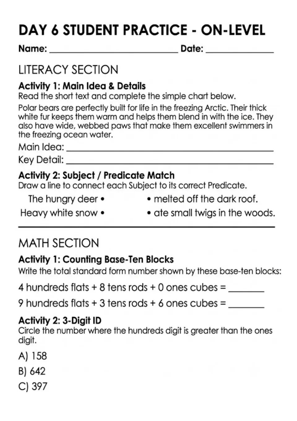 Day 6 on-level: students find the main idea of a polar bear text, match subjects to predicates, count base-ten blocks