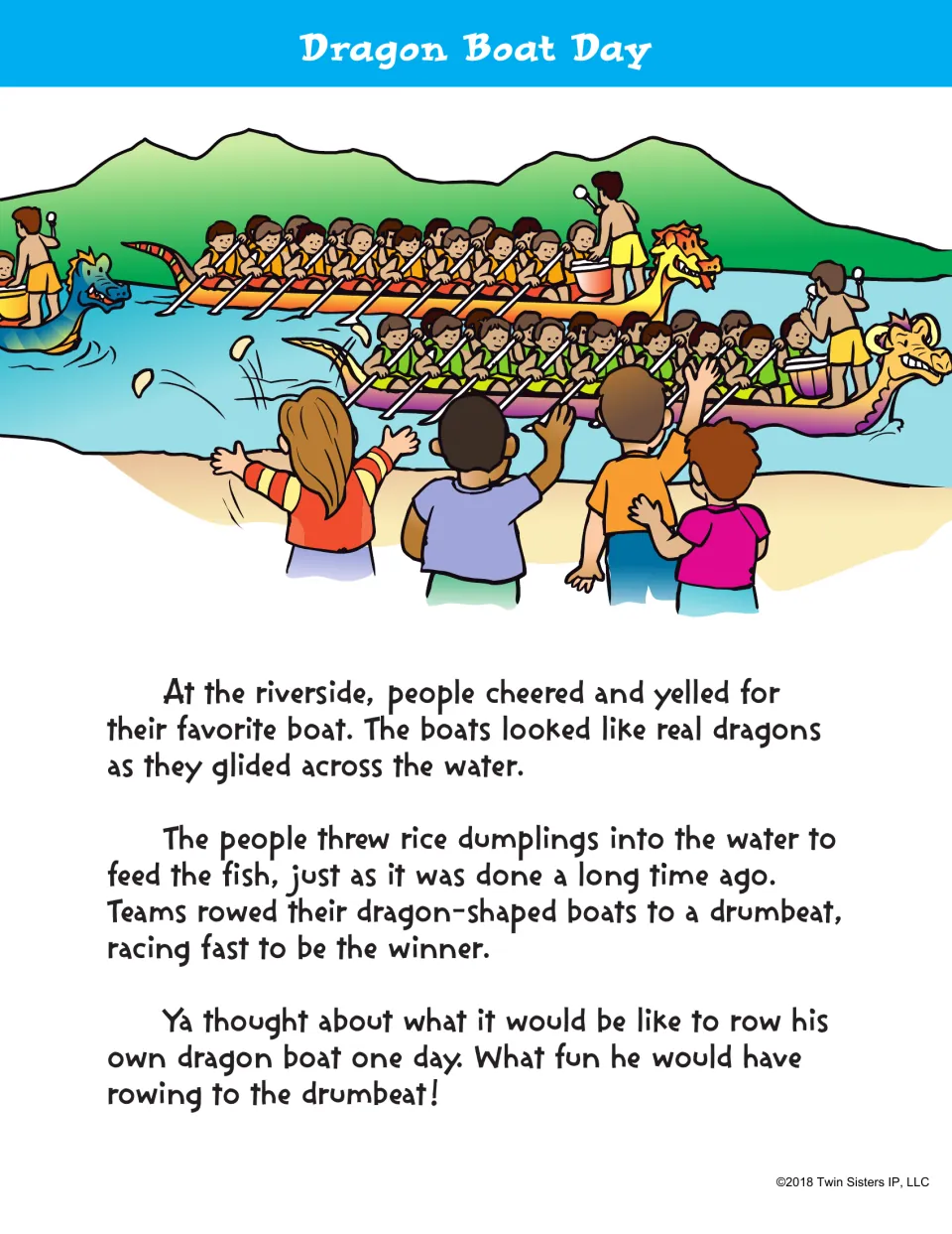 Dragon Boat Day passage, part 2: crowds cheer and throw rice dumplings as dragon-shaped boats race to a drumbeat
