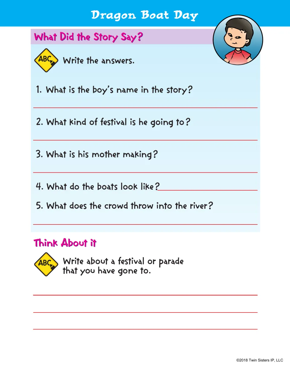 Dragon Boat Day recall questions: students write answers to 5 story questions, then write about a festival or parade