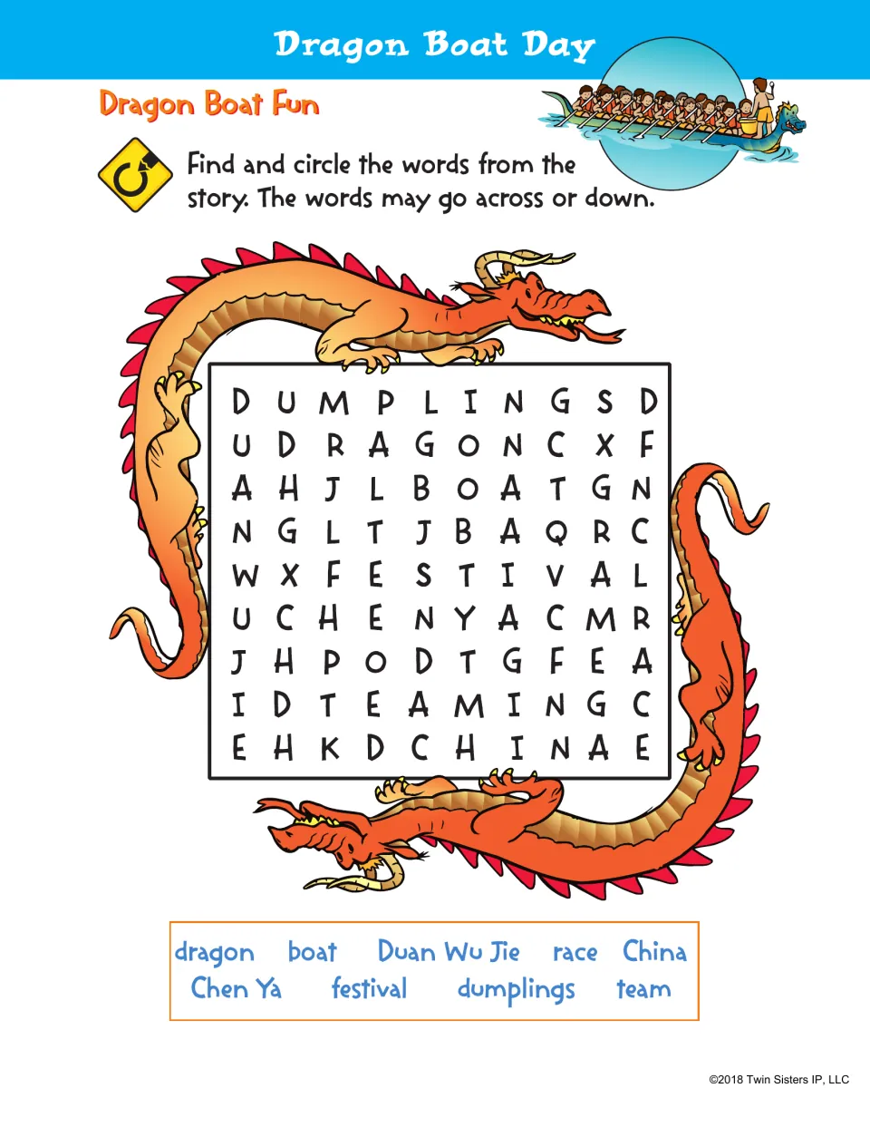 Dragon Boat Fun word search: students find and circle 9 story words such as dumplings, festival and China, across or down