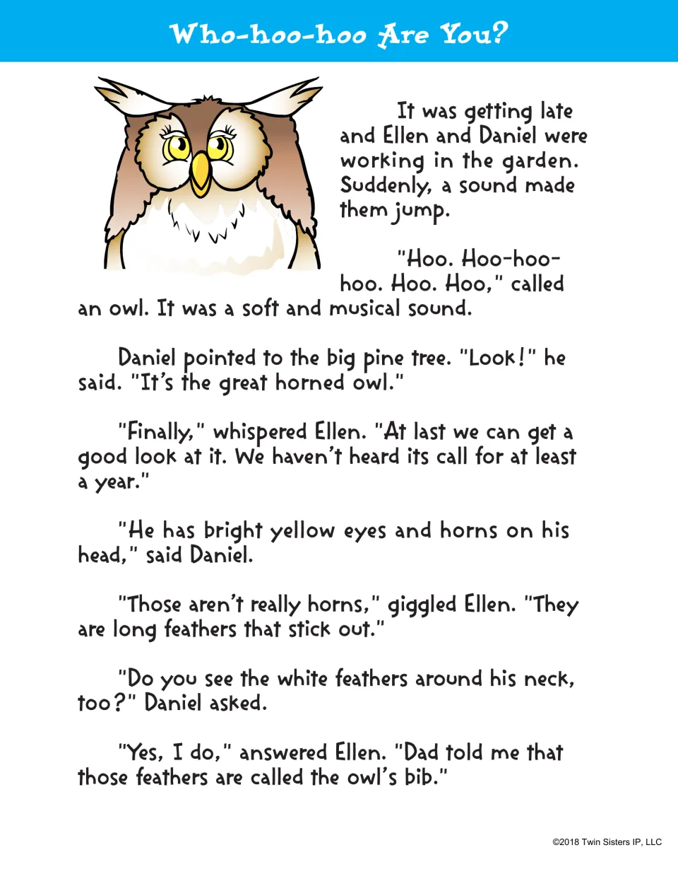 Who-hoo-hoo Are You? story, part 1: Ellen and Daniel spot a great horned owl and notice its yellow eyes and white bib