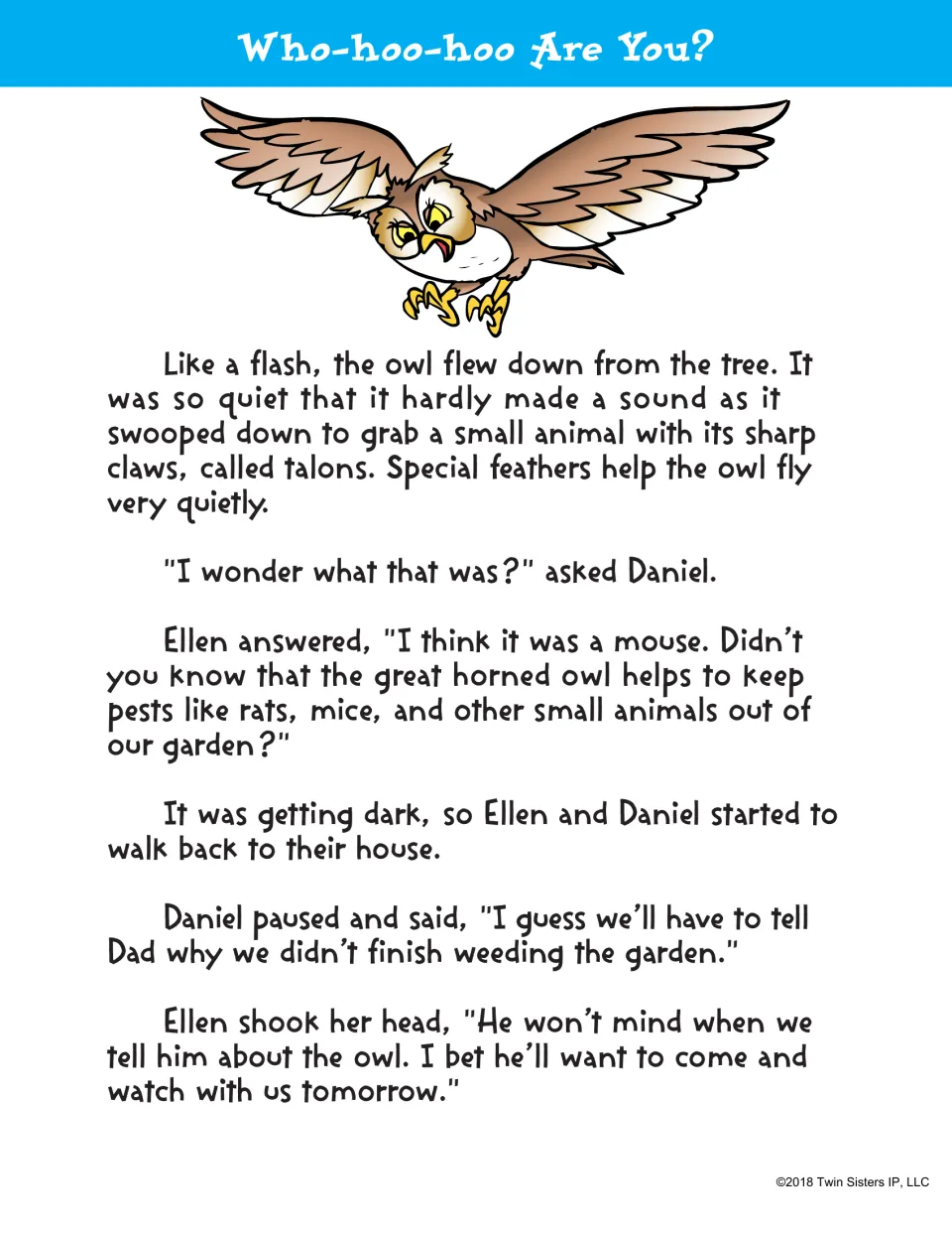 Who-hoo-hoo Are You? passage, part 2: the owl silently swoops down with its talons to catch a small animal in the garden