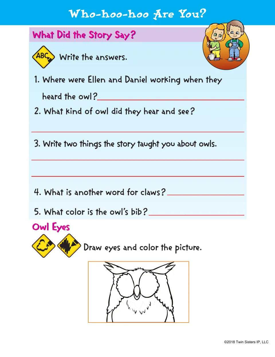 Owl story questions: students write answers about Ellen, Daniel and owl facts, then draw eyes on and color an owl picture