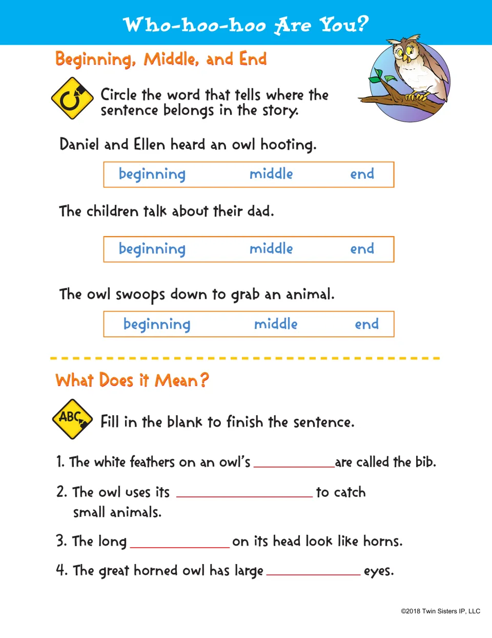 Owl story sequencing and vocabulary: students circle beginning, middle or end for 3 events, then fill in 4 owl-word blanks
