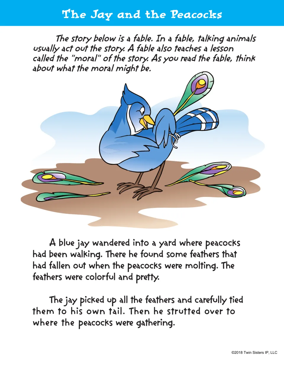 The Jay and the Peacocks fable opening: a blue jay ties fallen peacock feathers to his tail; readers think about the moral