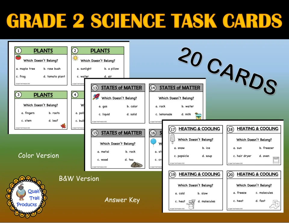 Grade 2 Science Task Cards cover showing sample cards and labels for 20 cards, color, black-and-white, and answers