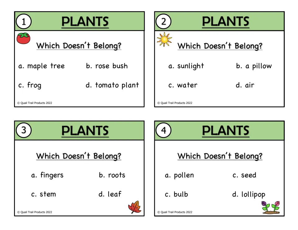 Color plant cards 1–4 ask which doesn't belong among plants, plant needs, plant parts, and related words