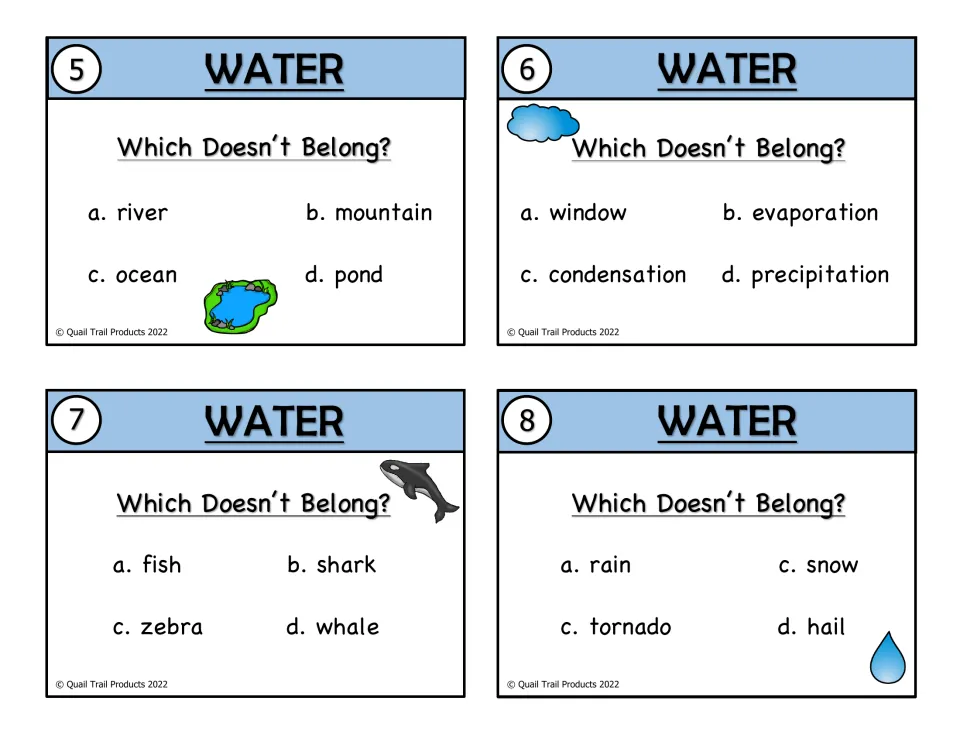 Color water cards 5–8 ask which doesn't belong among bodies of water, water cycle terms, animals, and weather