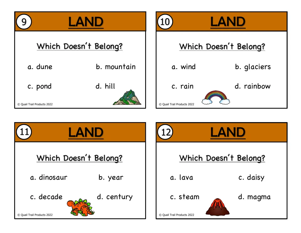 Color land cards 9–12 ask which doesn't belong in groups including dune, glaciers, century, and magma