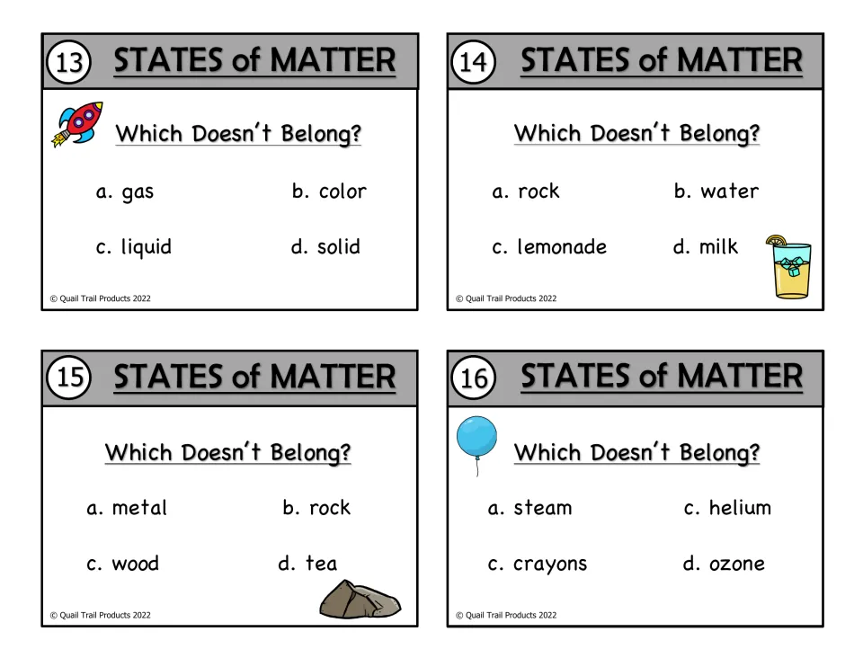 Color states of matter cards 13–16 ask which doesn't belong in groups of matter names, liquids, solids, and gases