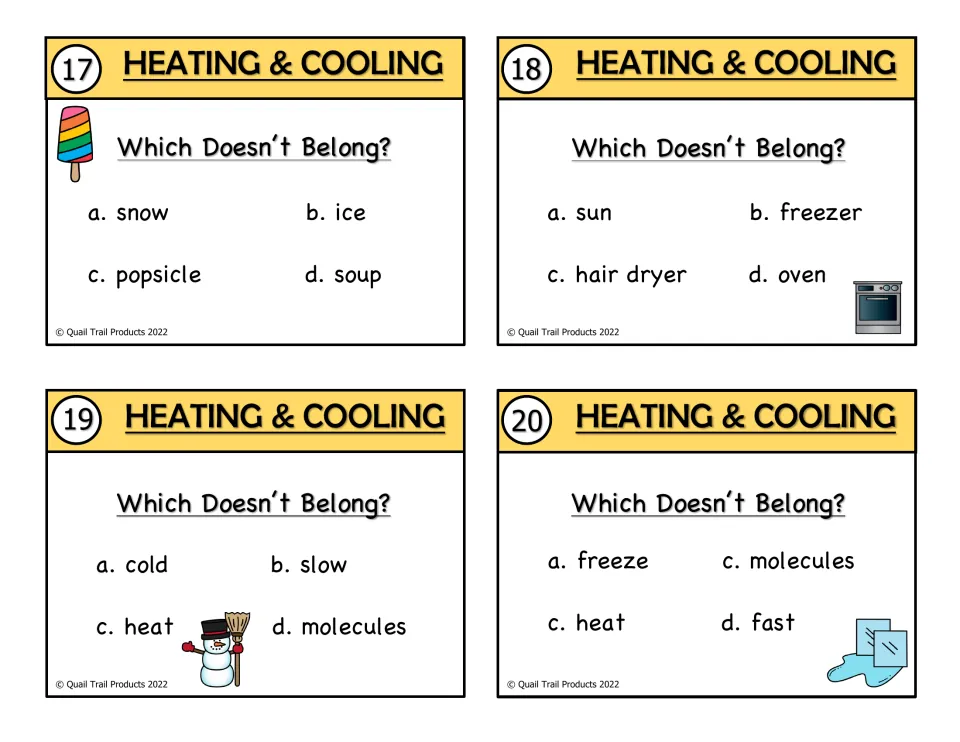 Color heating and cooling cards 17–20 ask which doesn't belong in groups including ice, soup, heat, and freeze