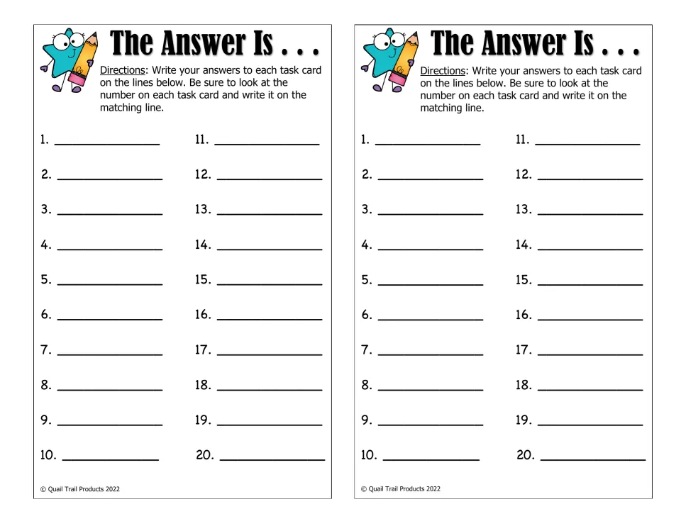 Two copies of the answer recording sheet for cards 1–20, with directions to match each answer to its card number