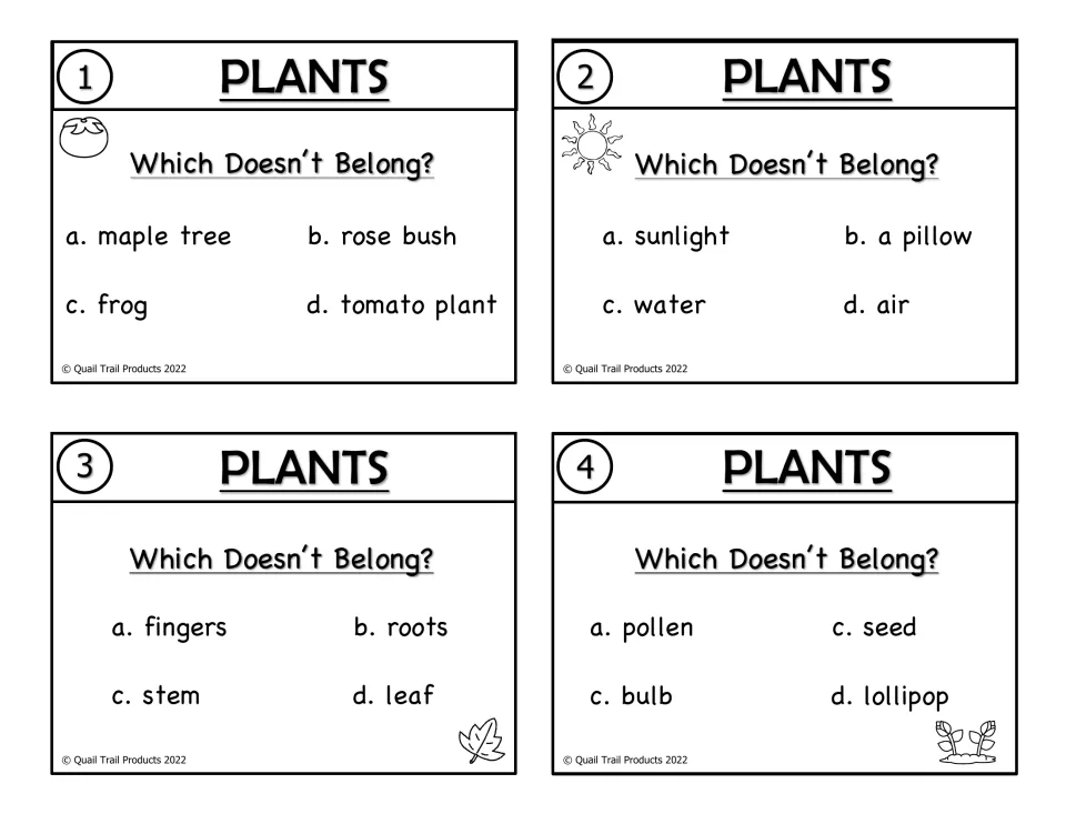 Black-and-white plant cards 1–4 ask which doesn't belong, with choices including frog, a pillow, and fingers