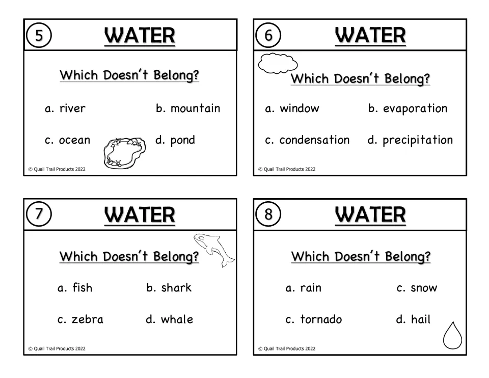 Black-and-white water cards 5–8 ask which doesn't belong, with choices including mountain, window, and zebra