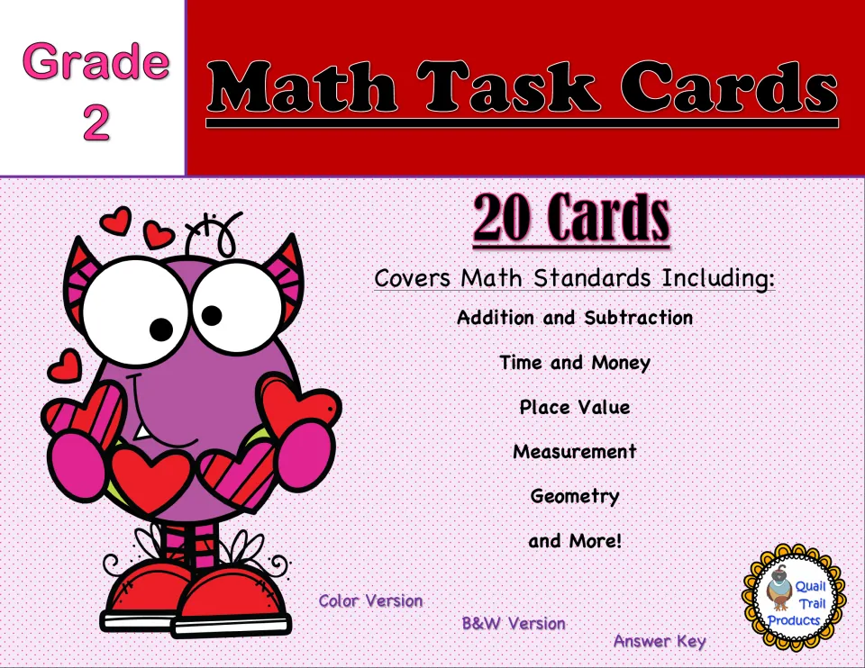 Grade 2 math task card cover lists 20 cards covering addition, subtraction, time, money and other skills