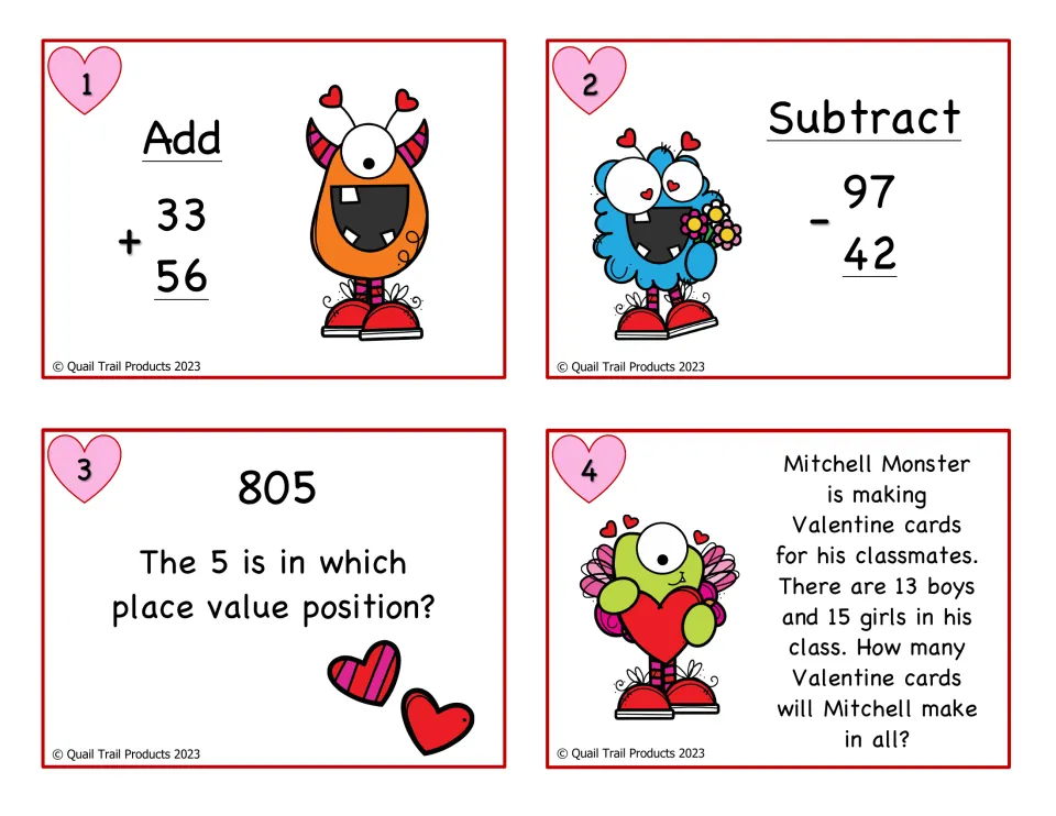 Color math cards 1–4: add 33 + 56, subtract 97 − 42, identify the place of 5 in 805 and solve a word problem
