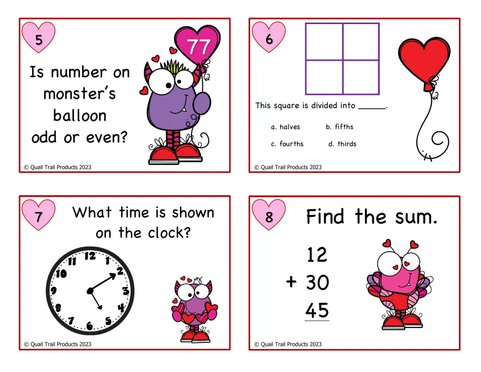 Color math cards 5–8: classify 77 as odd or even, identify fourths, read a clock and add 12 + 30 + 45