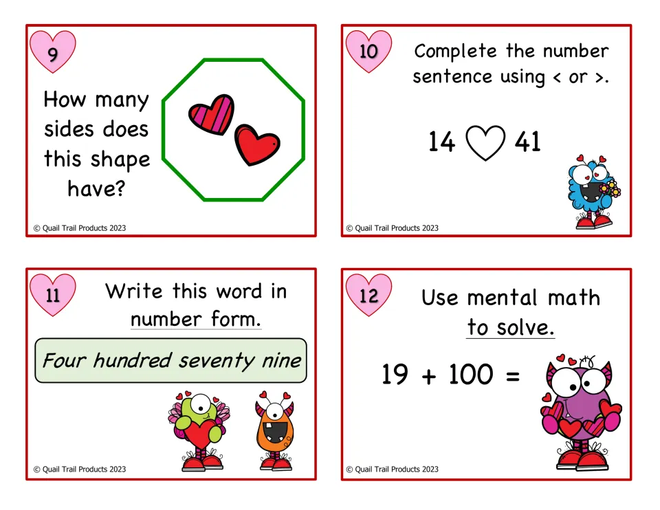Color math cards 9–12: count shape sides, compare 14 and 41, write 479 from words and solve 19 + 100
