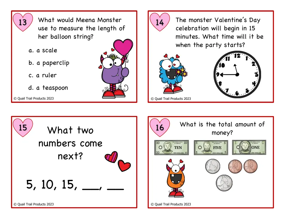 Color math cards 13–16: choose a length tool, find the time in 15 minutes, count by fives and total money