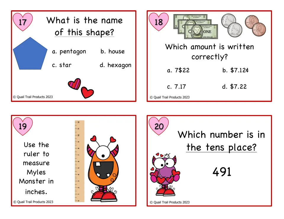 Color math cards 17–20: name a pentagon, choose a written money amount, measure inches and find tens in 491