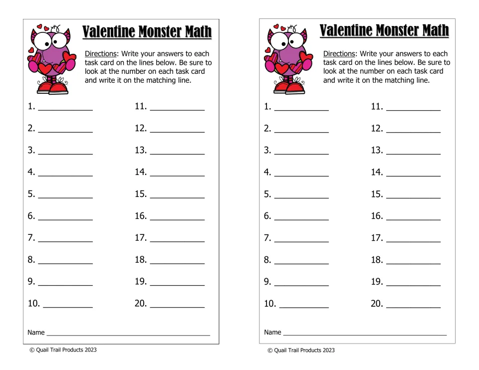 Valentine Monster Math recording sheet, printed twice, asks students to match answers to card numbers 1–20