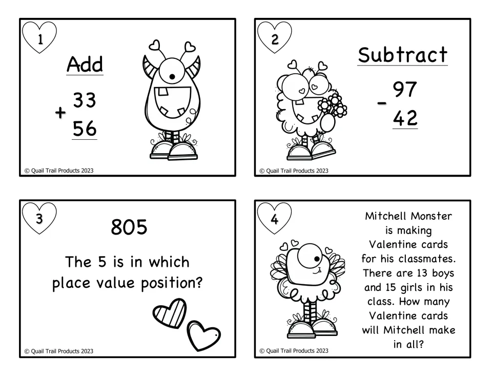 Black-and-white math cards 1–4 repeat 33 + 56, 97 − 42, place value in 805 and the Valentine word problem