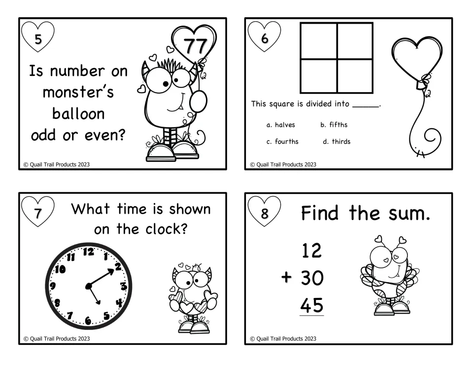 Black-and-white math cards 5–8 repeat odd or even for 77, fourths, clock reading and adding 12 + 30 + 45