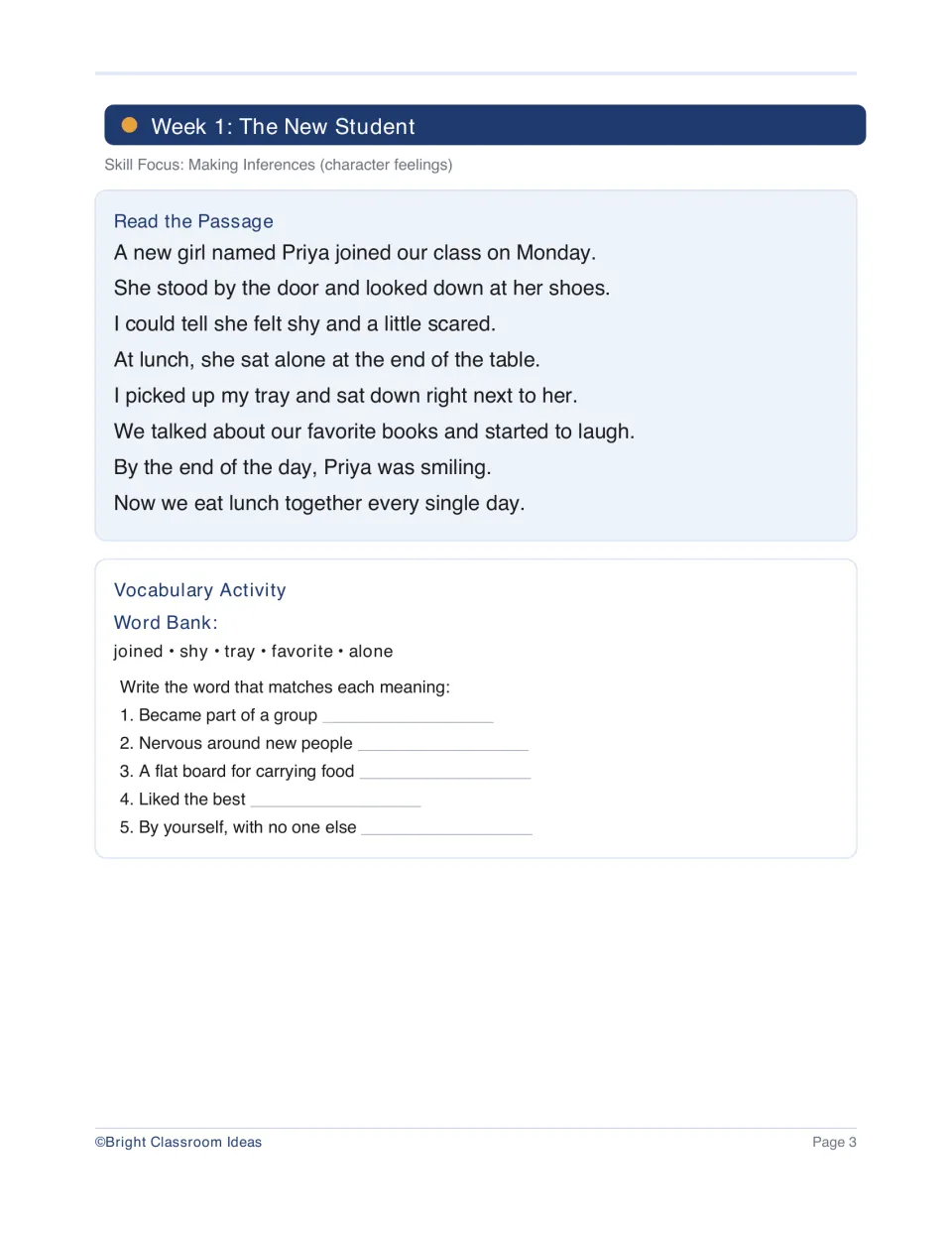 Week 1 passage, The New Student, introduces Priya and character feelings, followed by five vocabulary words
