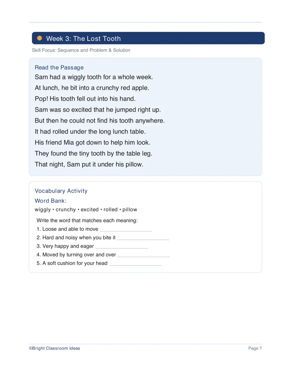 Week 3 passage, The Lost Tooth, follows Sam losing and finding his tooth, with five vocabulary definitions