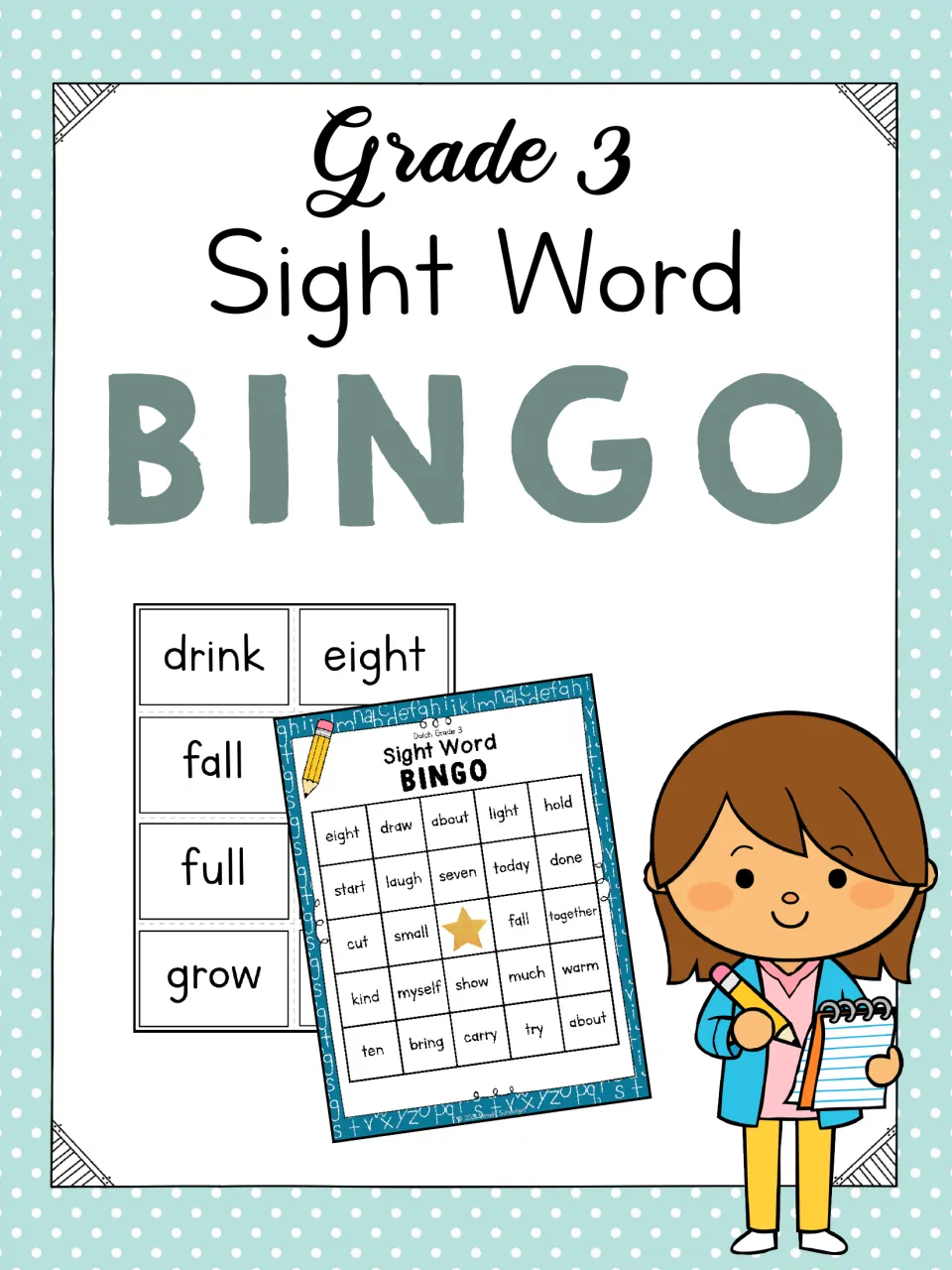 Grade 3 Sight Word Bingo cover showing sample word cards and a bingo card with words such as eight and draw