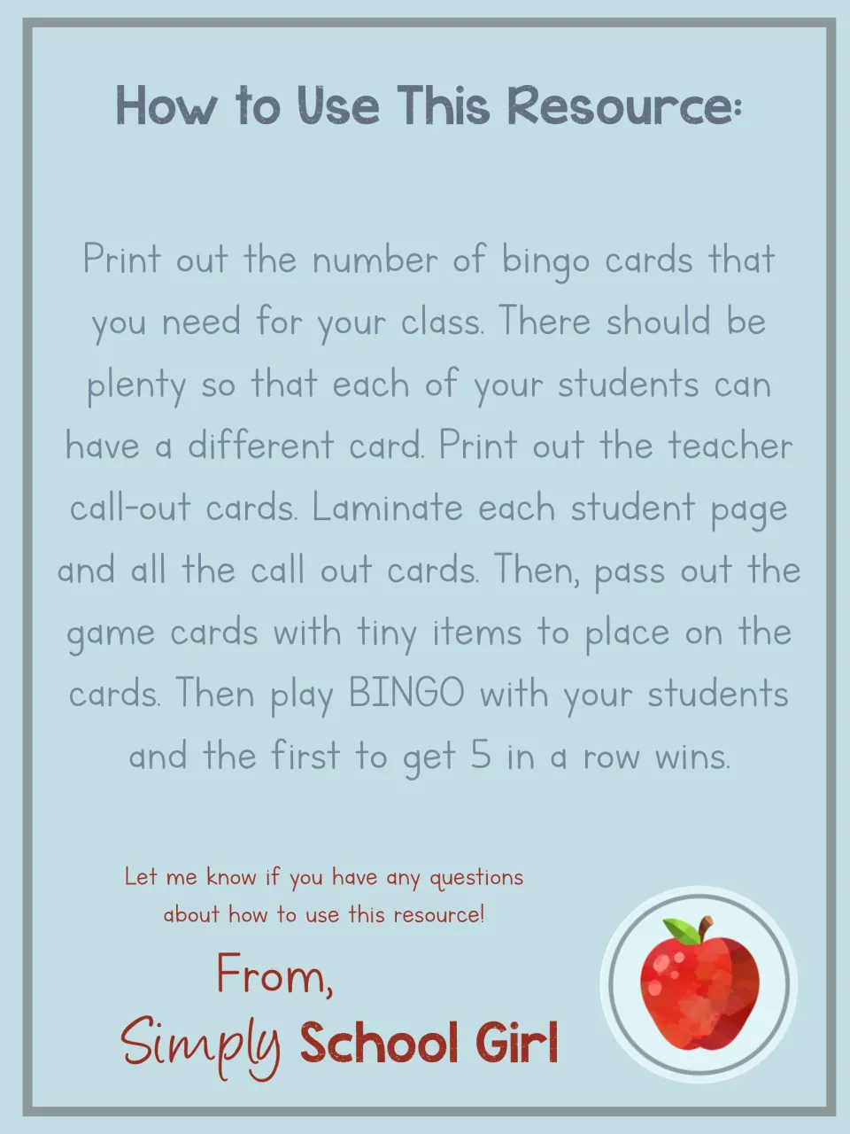 Bingo directions explain printing and laminating student and call-out cards, using markers, and getting five in a row