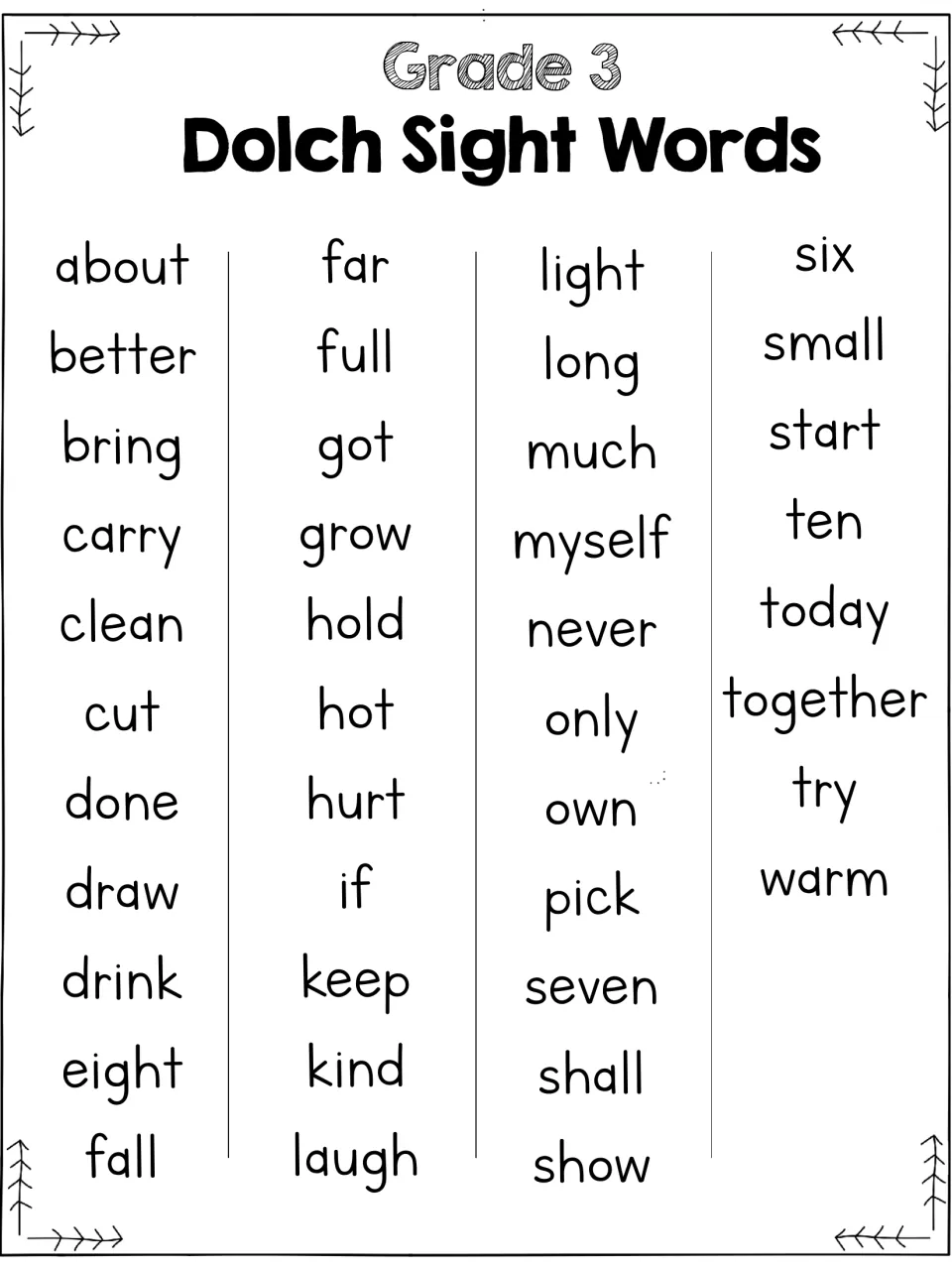 Grade 3 Dolch sight word reference list for the bingo resource includes about, better, bring, carry, and warm