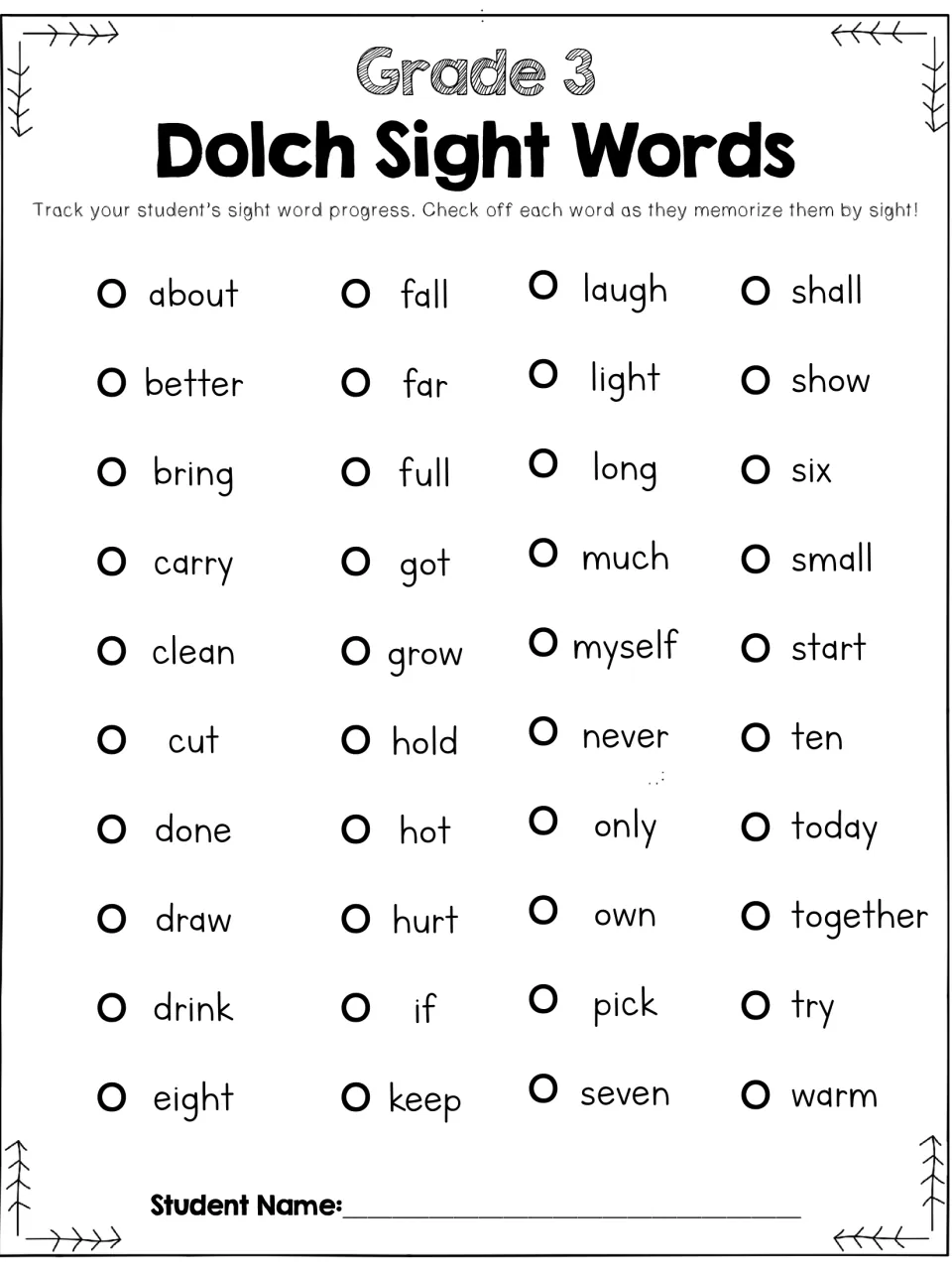 Student sight word checklist tracks recognition of grade 3 words including about, fall, laugh, shall, and warm