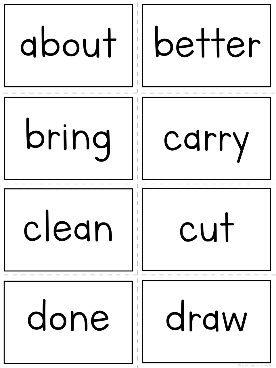 Bingo teacher call-out cards 1–8 show the words about, better, bring, carry, clean, cut, done, and draw