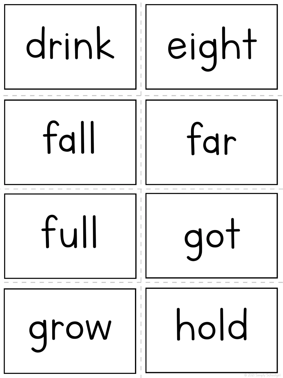 Bingo teacher call-out cards 9–16 show the words drink, eight, fall, far, full, got, grow, and hold